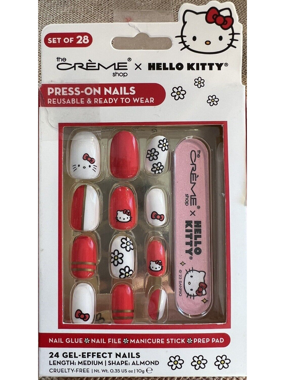 Creme Shop HELLO KITTY Red White Bow Face Set Of 28 Gel Press On Nails NEW